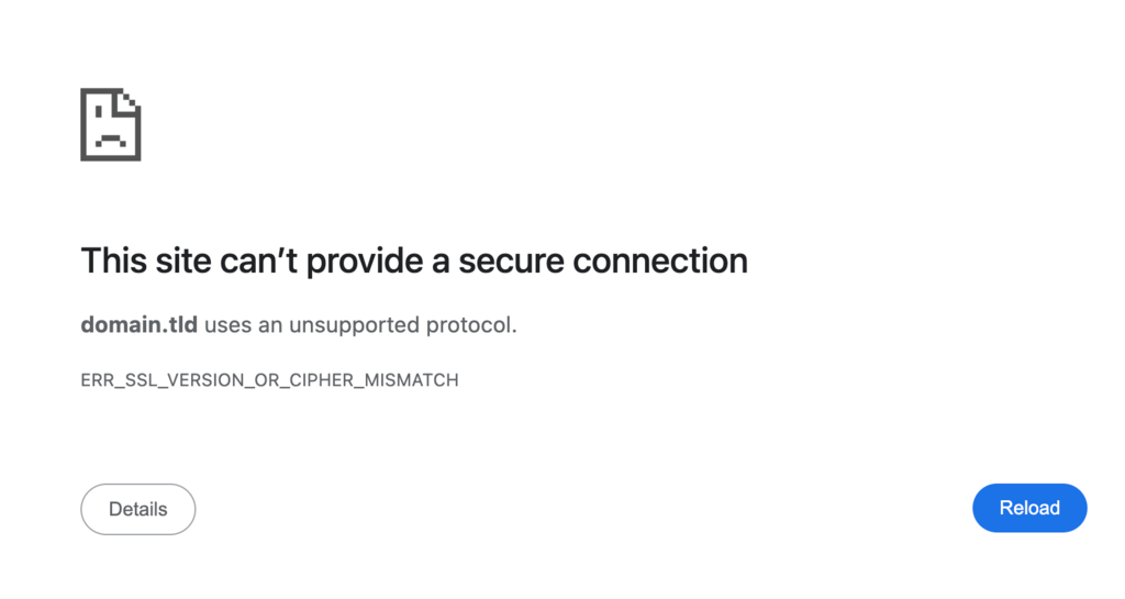 Mensagem de erro ERR_SSL_VERSION_OR_CIPHER_MISMATCH no Google Chrome.