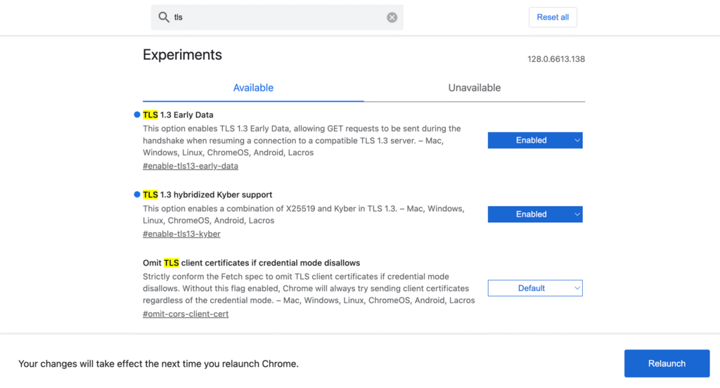 Configuração experimental de TLS no Google Chrome.