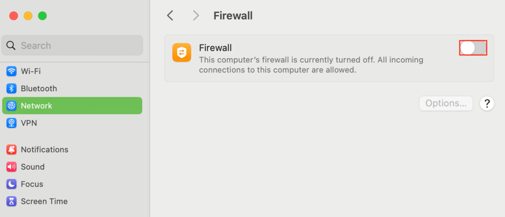 Configuração do firewall na seção de rede do macOS.