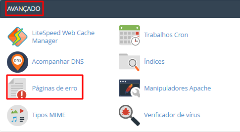 localizar ferramenta de páginas de erro no cpanel 