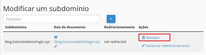 remover ou modificar um subdomínio