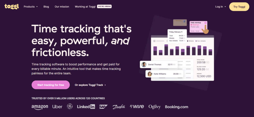 captura de tela do site do toggl