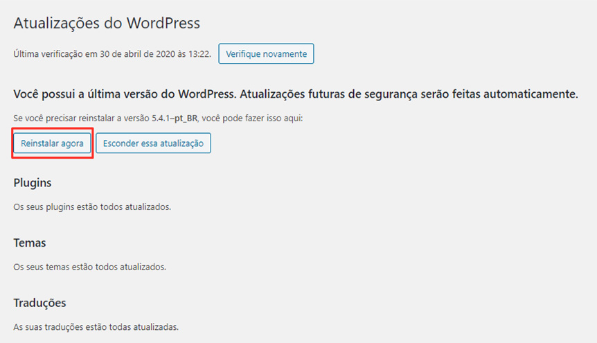 p&aacute;gina de atualiza&ccedil;&otilde;es do wordpress