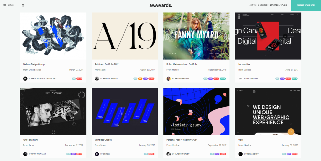 site de portfólio online Awwwards, para trabalhar em casa pela internet