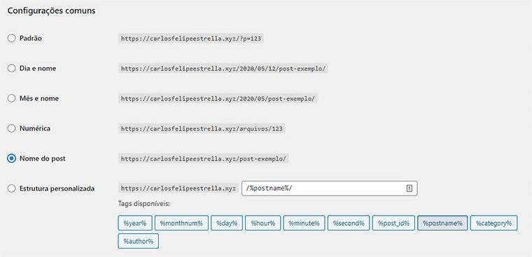 configurações de links permanentes no wordpress