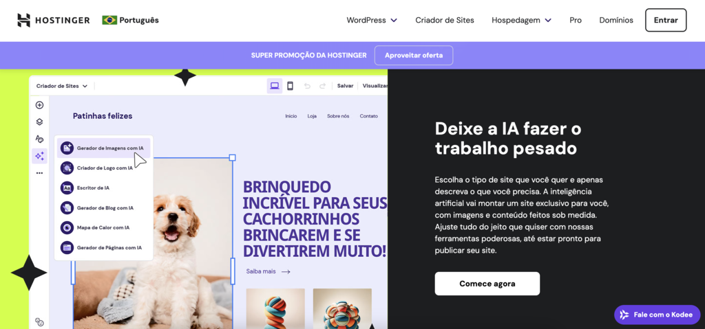 exemplo de t&iacute;tulo em landing page da hostinger com a frase "deixe a IA fazer o trabalho pesado"
