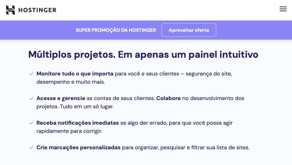 exemplo de t&iacute;tulo em landing page da hostinger com a frase "m&uacute;ltiplos projetos. em apenas um painel intuitivo"
