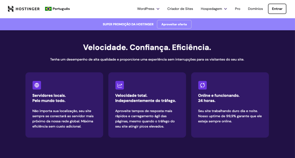 exemplo de texto na landing page da hostinger