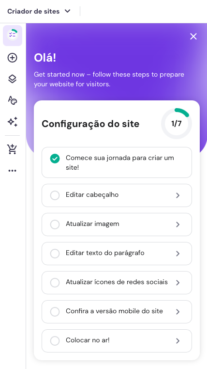 lista (checklist) de configura&ccedil;&atilde;o do site no criador de sites da hostinger