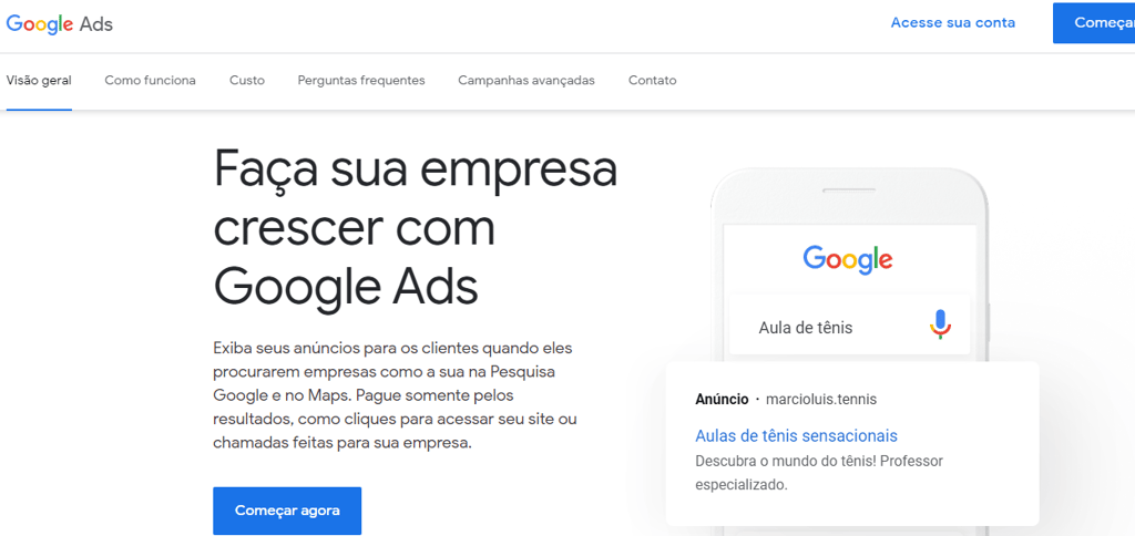 p&aacute;ginal inicial do Google Ads para fazer campanhas de remarketing