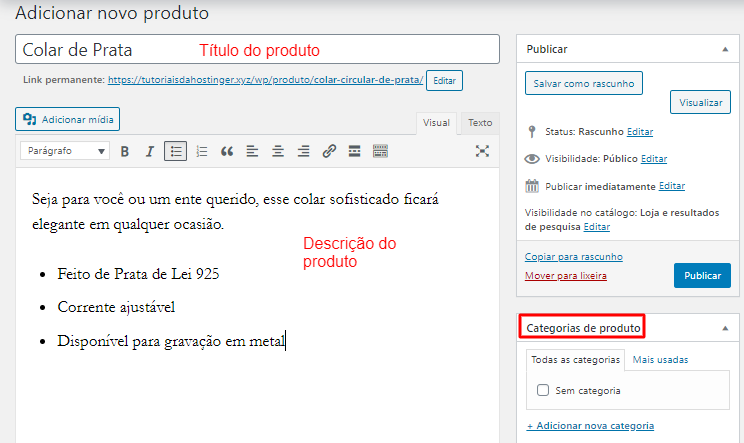 p&aacute;gina de inserir produto no WooCommerce pelo WordPress