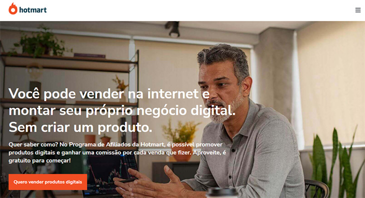 p&aacute;gina inicial do programa de afiliados da hotmart, destacando a op&ccedil;&atilde;o de motnar seu pr&oacute;prio neg&oacute;cio na internet