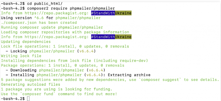 linha de comando após instalação do composer e do phpmailer