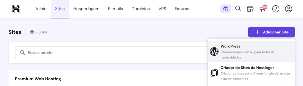 selecionando wordpress no botão adicionar site do hpanel