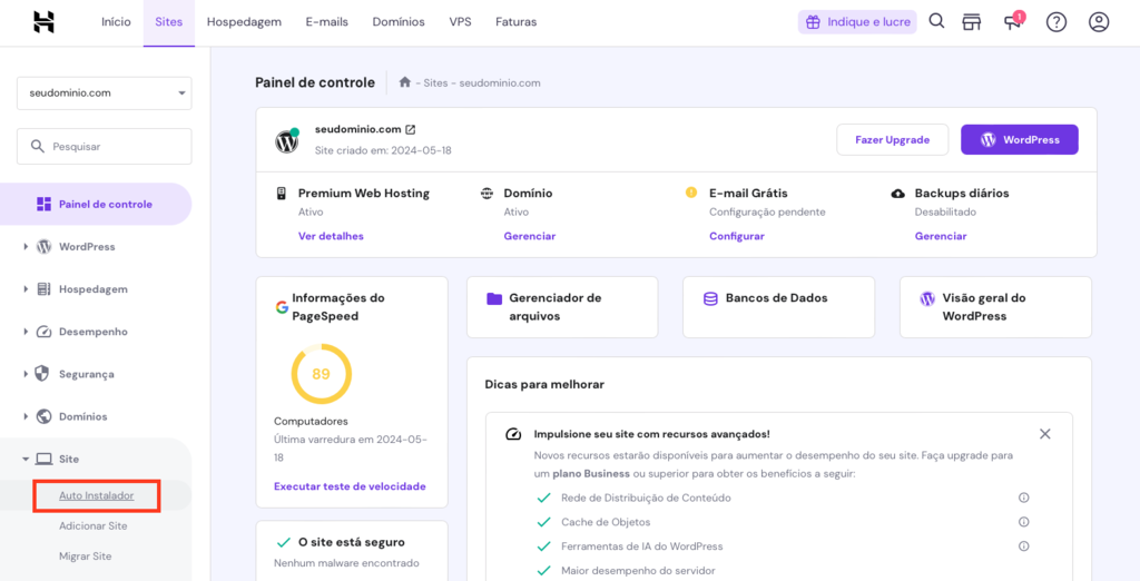 opção de auto instalador no menu sites do hpanel
