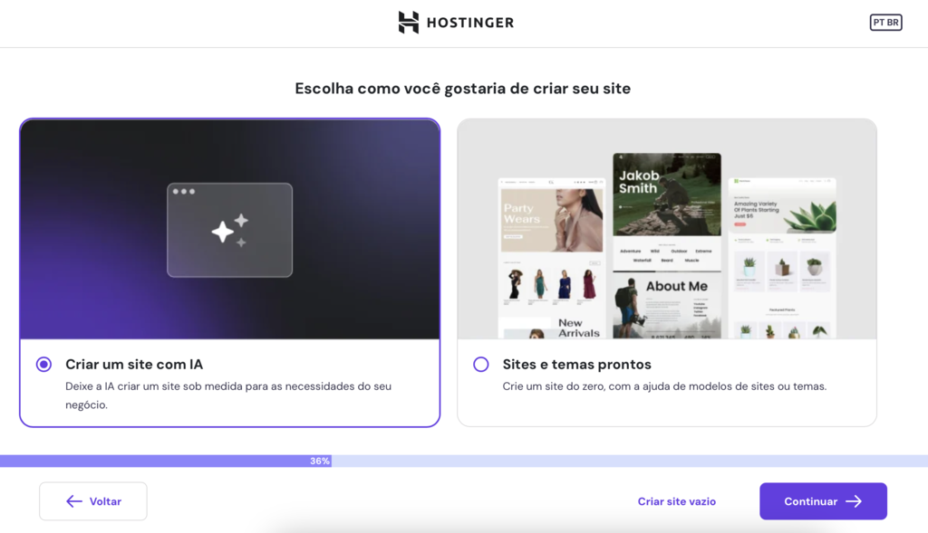 escolhendo o criador de site com ia para WordPress da hostinger ao configurar novo site no hpanel