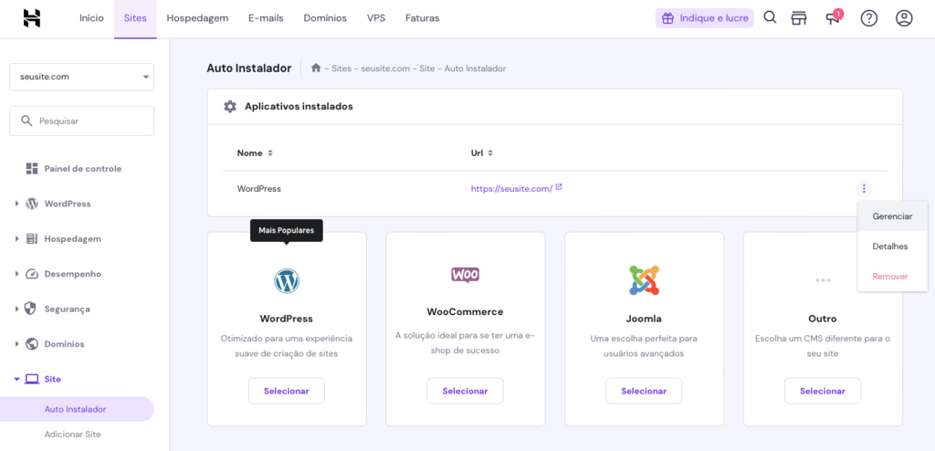 bot&atilde;o gerenciar na &aacute;rea aplicativos instalados do auto instalador do hpanel