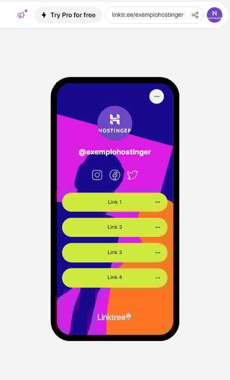 demonstração de página do linktree