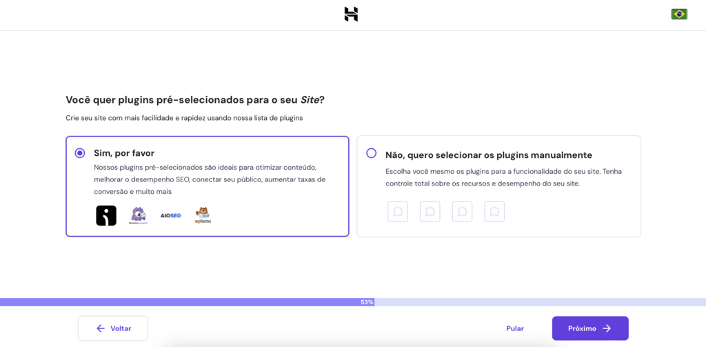 selecionando plugins do wordpress na configura&ccedil;&atilde;o de novo site no hpanel