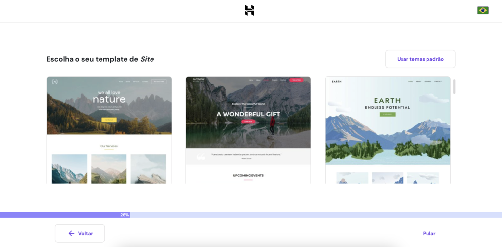 selecionando template wordpress na configura&ccedil;&atilde;o de novo site no hpanel