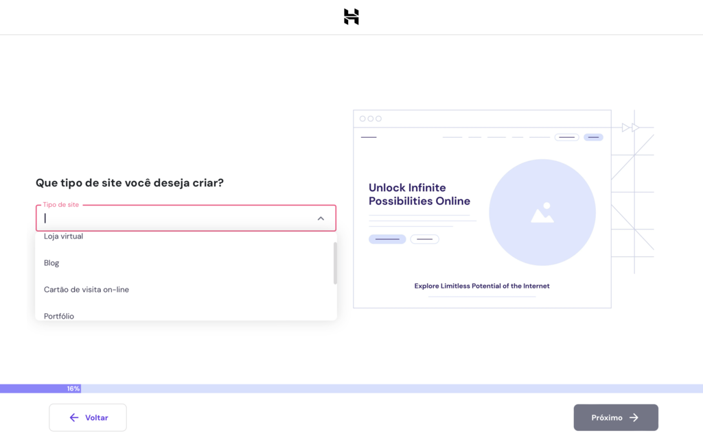 selecionando tipo de site que você deseja criar no processo de configuração inicial do wordpress no hpanel
