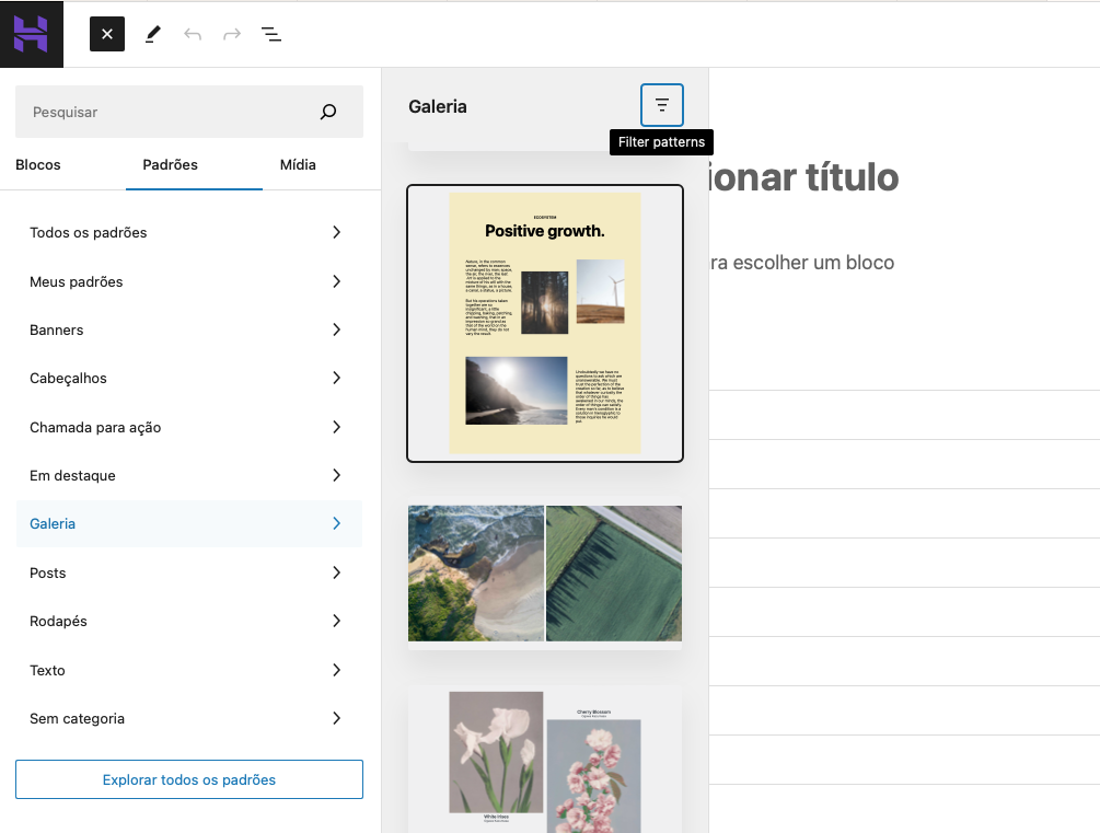 padrões de blocos no editor gutenberg do WordPress