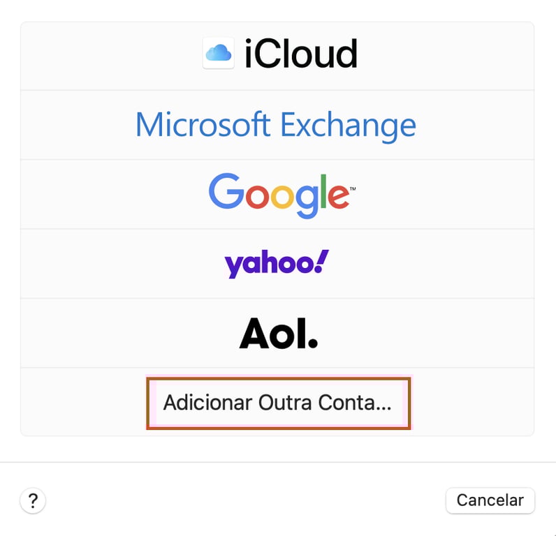 adicionar outra conta na interface de configuração do apple mail