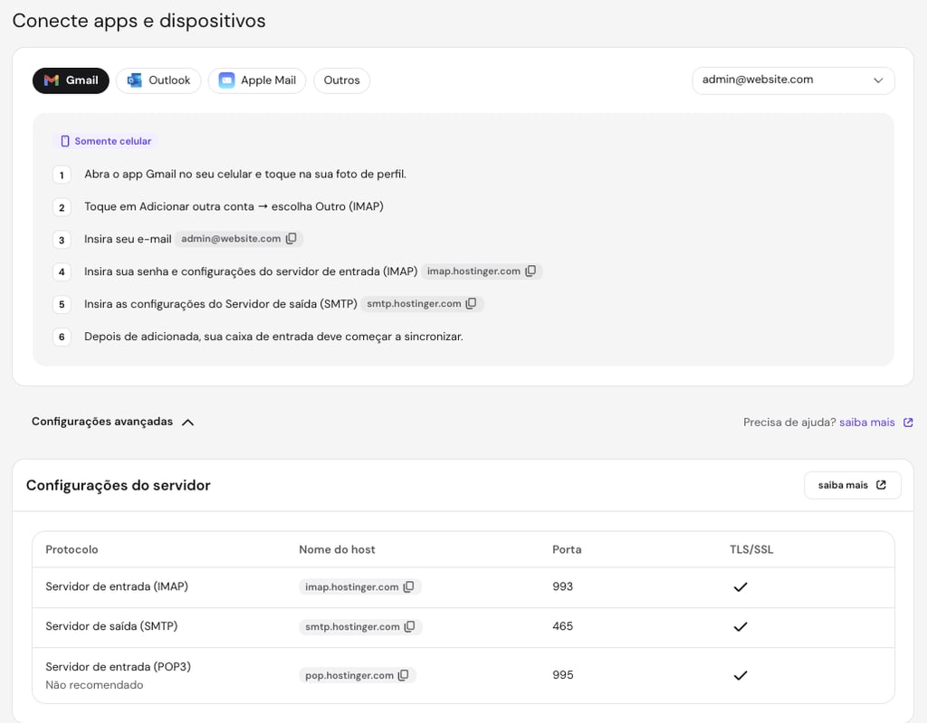 tela Conectar Apps e Dispositivos do hPanel com configurações dos servidores IMAP, SMTP e POP3 da Hostinger, incluindo nomes de host e números das portas