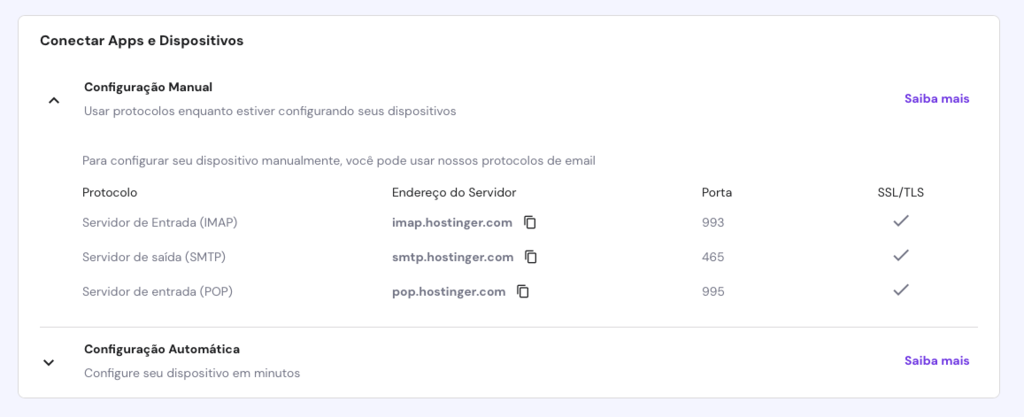 dados imap, pop3 e smtp da conta de email profissional no hpanel