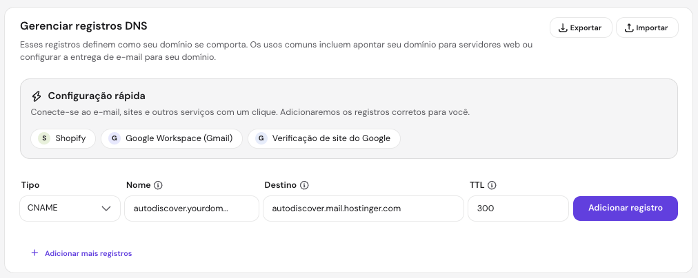 tela Gerenciar registros DNS do hPanel mostrando a adição de um registro CNAME com autodiscover.mail.hostinger.com como destino
