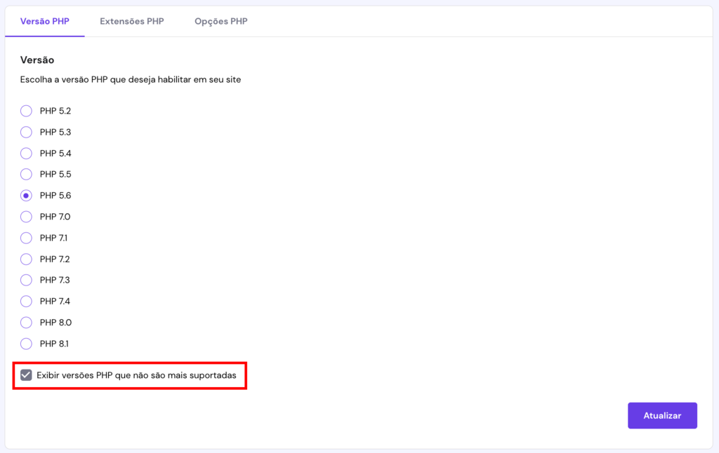 A p&aacute;gina de configura&ccedil;&atilde;o do PHP no hPanel. O bot&atilde;o Vers&otilde;es mais antigas do PHP est&aacute; destacado
