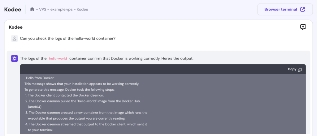 Assistente Kodee no hPanel ajudando a gerenciar Docker em um VPS Hostinger.