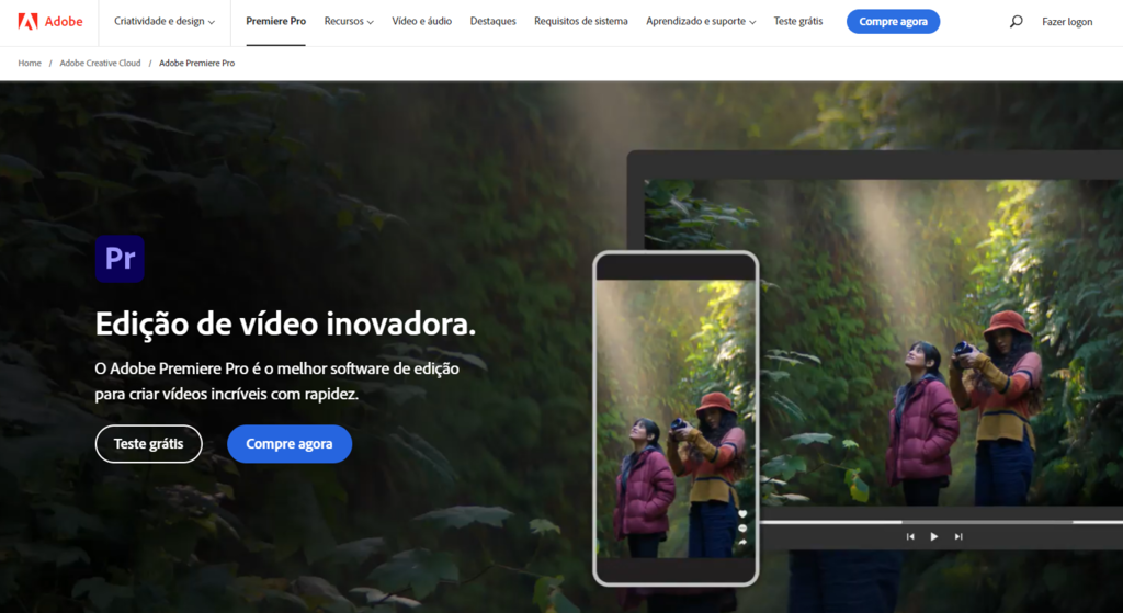 página do adobe premiere usando vídeos como exemplo de marketing digital