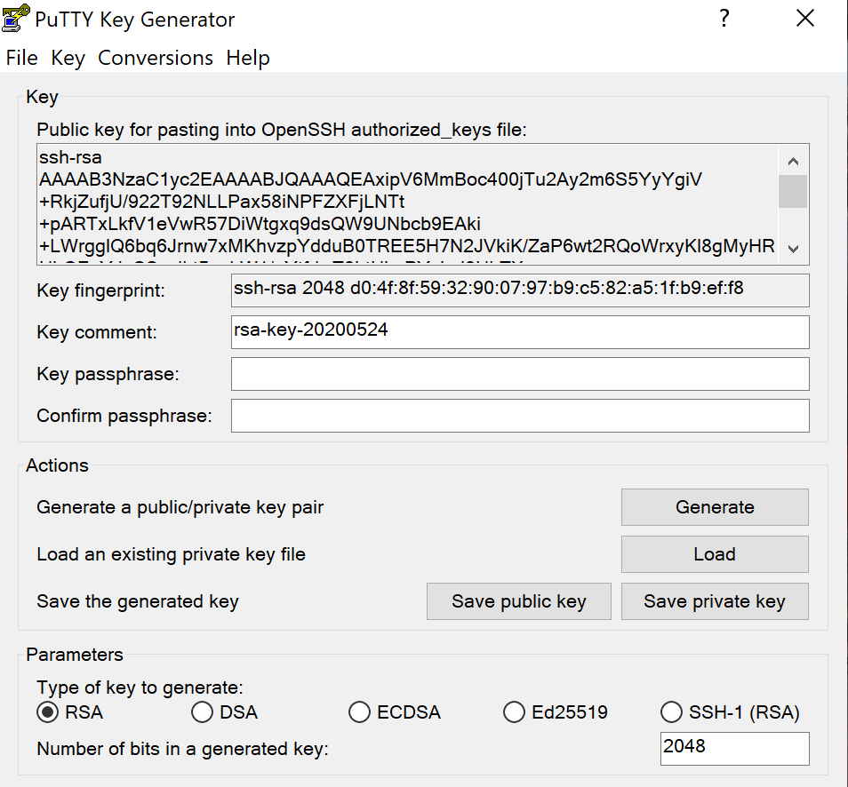 chaves geradas no putty key generator