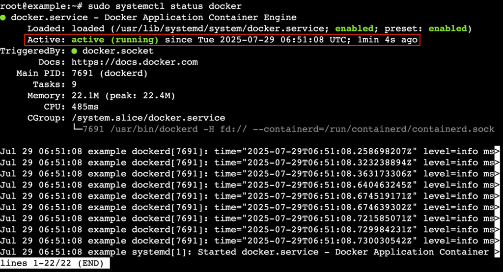 Status do serviço Docker no Ubuntu mostrando que está ativo e em execução.