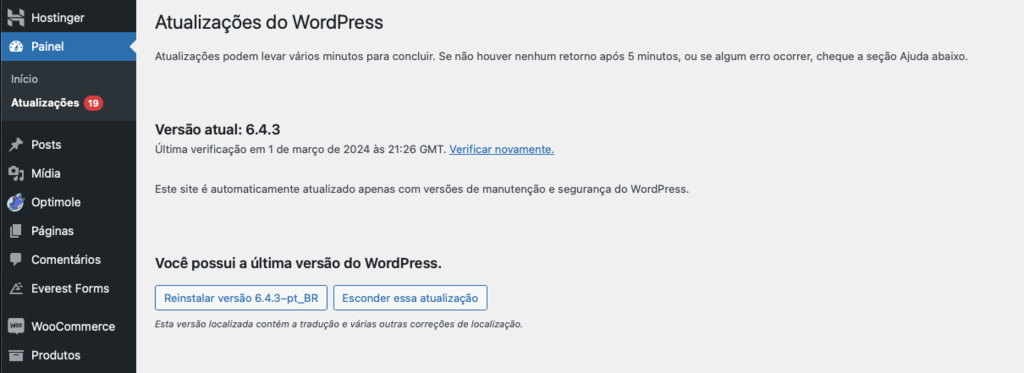 painel de atualiza&ccedil;&otilde;es do wordpress mostrando vers&atilde;o mais recente instalada