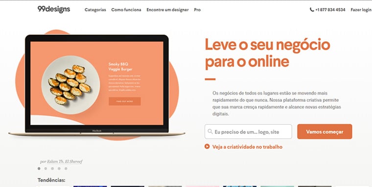 p&aacute;gina inicial do 99designs
