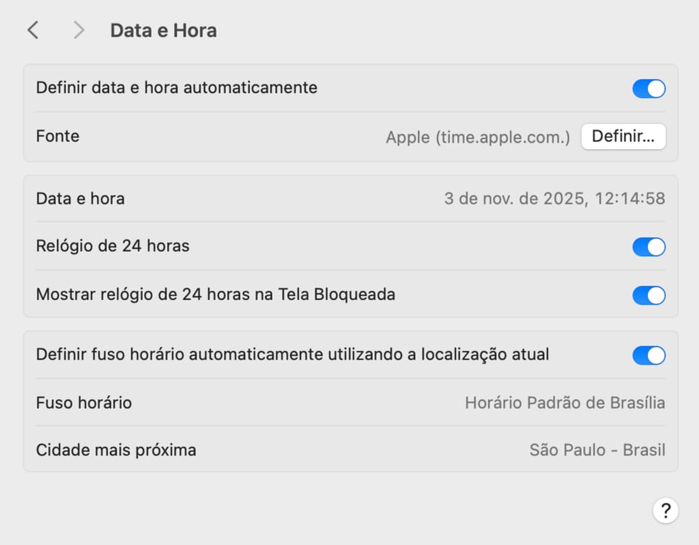 ajustando data e hora no macos