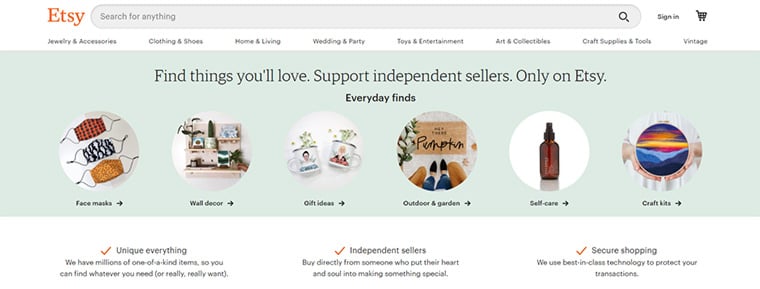 p&aacute;gina inicial do etsy