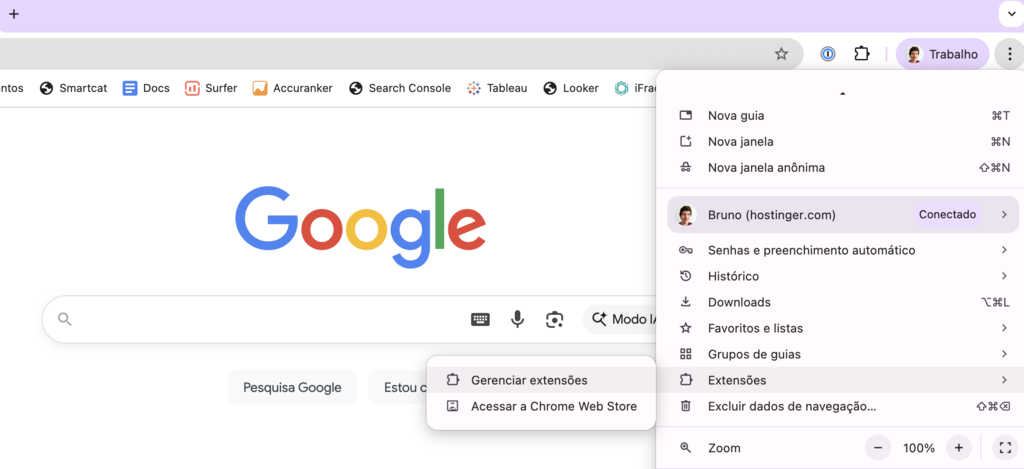botão "gerenciar extensões" no chrome