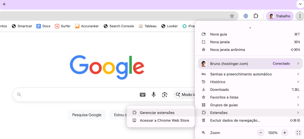bot&atilde;o "gerenciar extens&otilde;es" no chrome