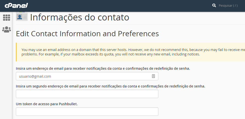 editando informa&ccedil;&otilde;es de contato no cpanel