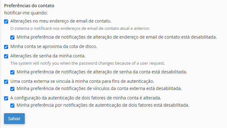 prefer&ecirc;ncias de contato no cpanel