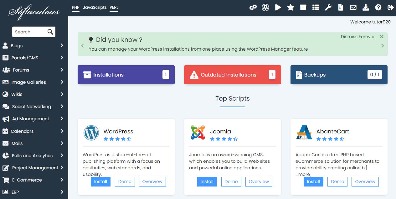 vis&atilde;o principal do softaculous