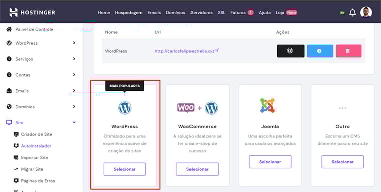 autoinstalador do wordpress da hostinger