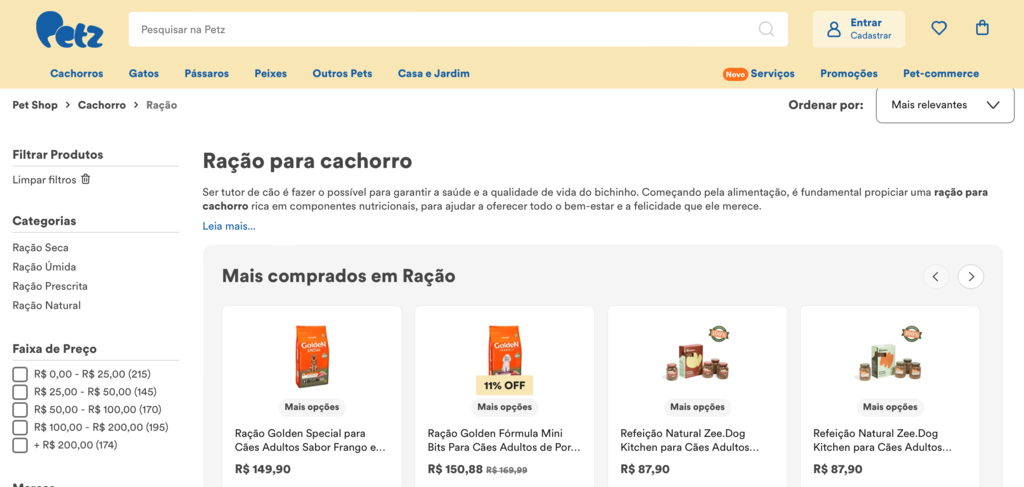 p&aacute;gina da petz com ra&ccedil;&otilde;es de cachorro