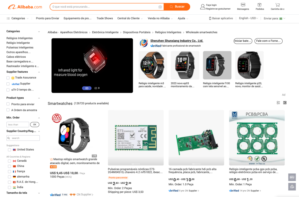p&aacute;gina da Alibaba com smartwatches