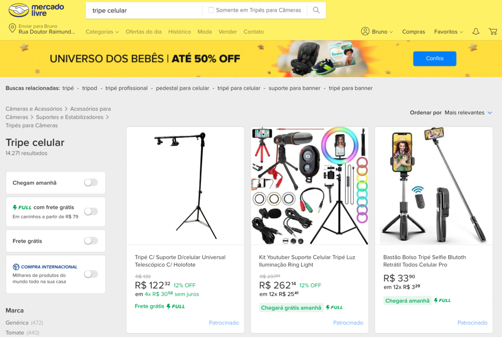 p&aacute;gina do mercado livre com trip&eacute;s para celular