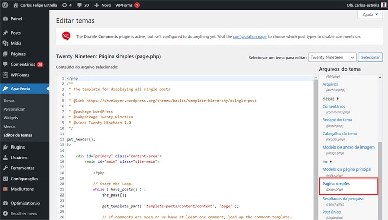 editando o arquivo page.php no wordpress