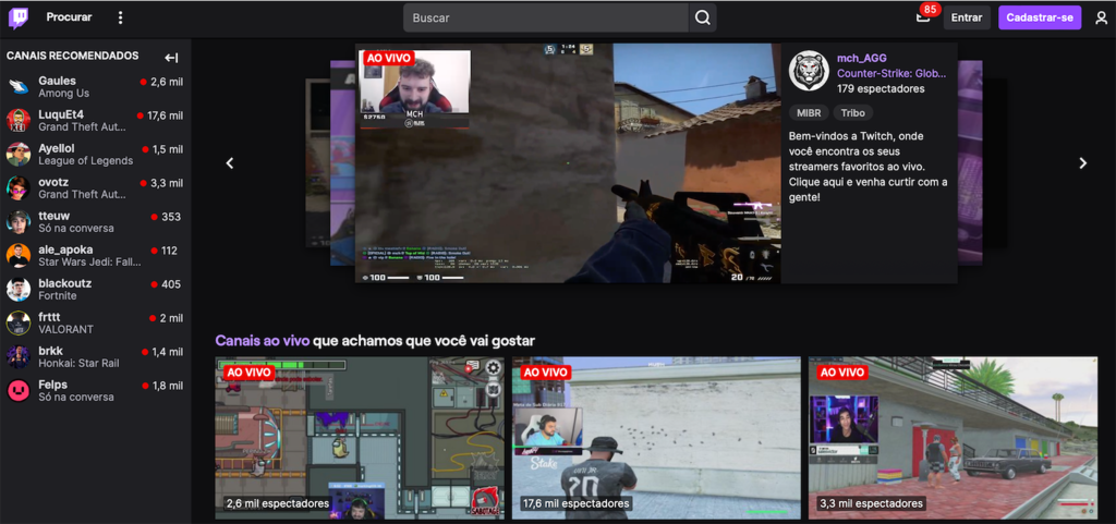 p&aacute;gina inicial da twitch